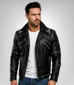 Men’s black leather biker jacket – slim fit moto racer design
