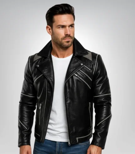Men’s black leather biker jacket – slim fit moto racer design