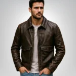 Distressed brown leather bomber jacket – vintage motorcycle style