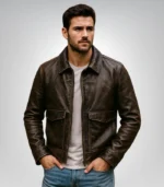 Distressed brown leather bomber jacket – vintage motorcycle style