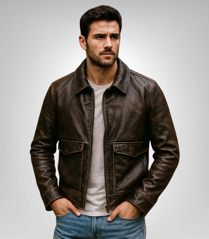 Distressed Brown Leather Bomber Jacket – Vintage Motorcycle Style Distressed brown leather bomber jacket – vintage motorcycle style