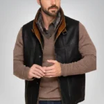 Dark brown leather vest – western cowboy style with shearling collar