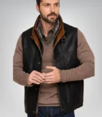 Dark brown leather vest – western cowboy style with shearling collar