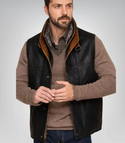 Dark brown leather vest – western cowboy style with shearling collar