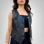 Stylish black genuine leather vest for women with sleek design