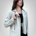 Handmade women’s beige genuine sheepskin leather moto jacket