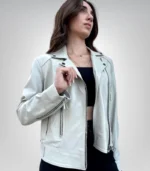 Handmade women’s beige genuine sheepskin leather moto jacket