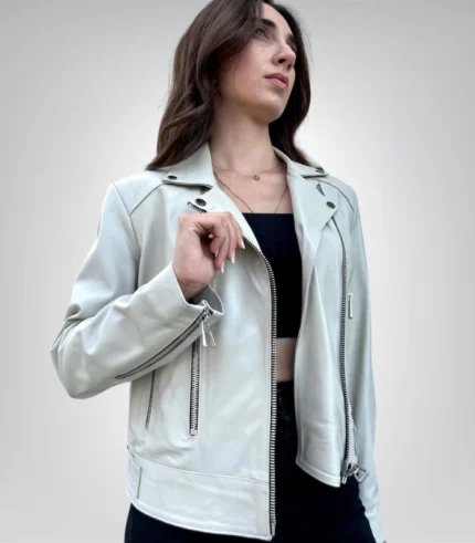 Handmade women’s beige genuine sheepskin leather moto jacket