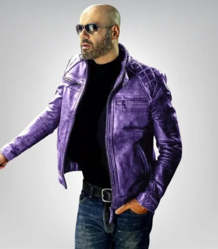 Men’s purple leather biker jacket – diamond quilted slim fit