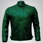 Diamond Quilted Green Leather Biker Jacket Slim Fit Moto Style