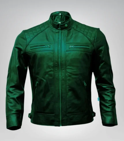 Diamond Quilted Green Leather Biker Jacket Slim Fit Moto Style