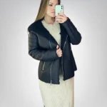 Black leather moto jacket – shearling lined peplum biker coat for women
