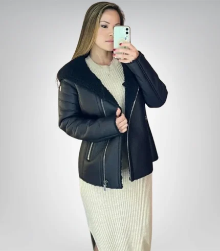 Black leather moto jacket – shearling lined peplum biker coat for women