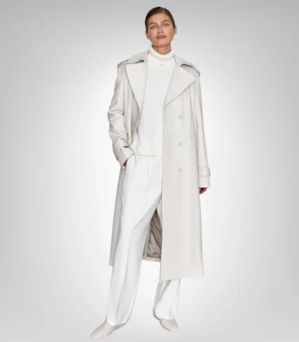 Women’s off-white leather trench coat – long elegant style outerwear