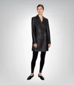 Long black leather coat for women – elegant trench style jacket
