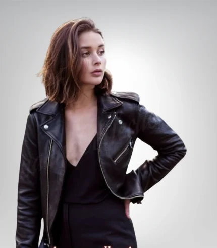 Premium short black leather blazer – women’s street style jacket