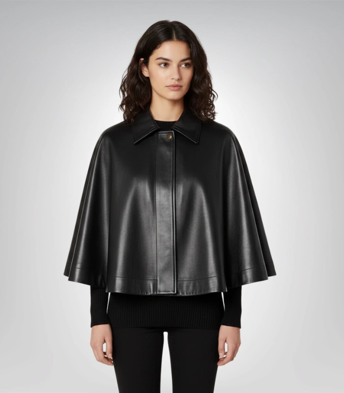 Women’s Black Leather Cape – Handmade Luxury Poncho with Button Closure Women’s black leather cape – handmade luxury poncho with button closure
