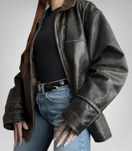 Oversized sheepskin leather biker jacket – women’s distressed brown style