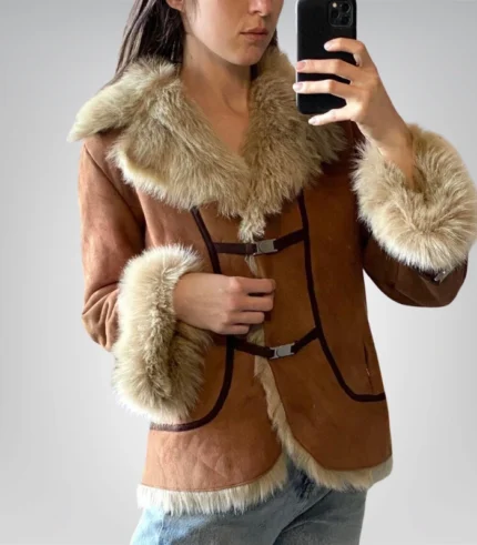 Women’s sheepskin shearling brown fur coat – vintage Afghan suede jacket