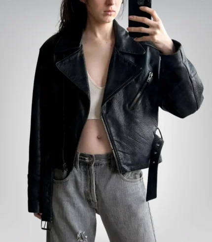 Handmade black leather biker jacket for women – sheepskin racer design
