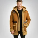 Men's Suede Leather Shearling Bomber Jacket Hooded Winter Coat