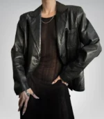 Classic street style black leather blazer for women – premium jacket