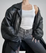 Classic black leather long coat – women’s vintage button closure style