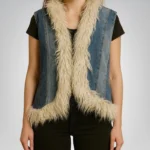 Women’s patchwork denim faux fur vest – handmade 70s boho hippie style