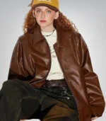 Women’s oversized leather bomber jacket – vintage Korean streetwear 2025