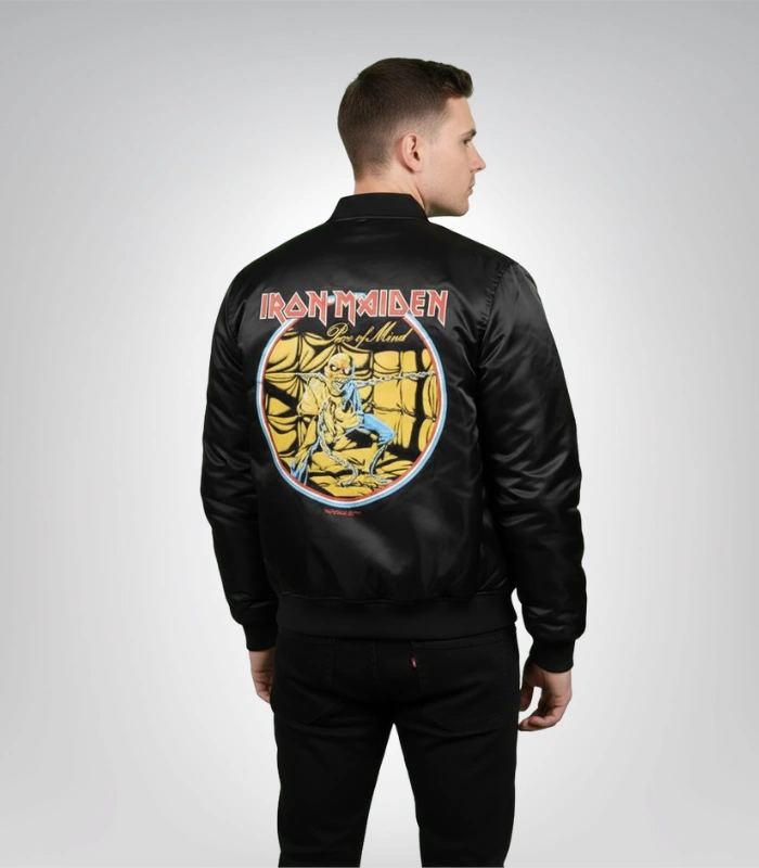 Iron Maiden 80s Tour Rock Bomber Jacket | Vintage Band Merch Vintage Iron Maiden 1980s tour bomber jacket with band logo