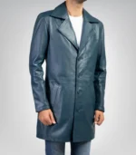 Elegant men’s blue leather trench coat – genuine leather long outerwear