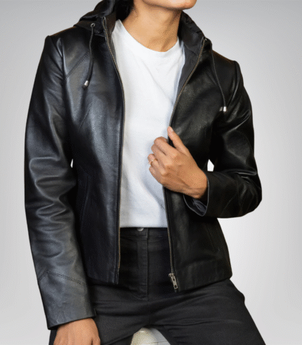 Jenny women’s black real leather jacket with detachable hood – stylish versatile design