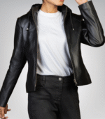 Women’s genuine black leather jacket – detachable hood, Jenny versatile style