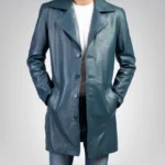 Vintage blue leather trench coat for men – genuine leather long design