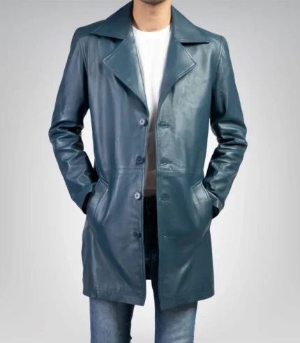 Vintage blue leather trench coat for men – genuine leather long design