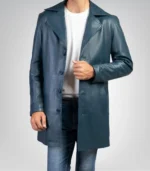 Men’s classic blue real leather trench coat – timeless long overcoat design