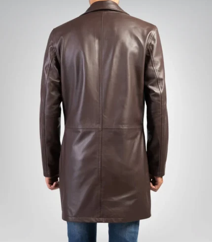 Elegant men’s brown leather trench coat – genuine leather long outerwear