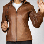Jenny women’s brown real leather jacket with detachable hood – stylish versatile design