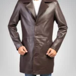 Men’s classic brown real leather trench coat – timeless long overcoat design