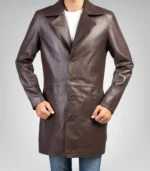 Men’s classic brown real leather trench coat – timeless long overcoat design