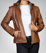 Stylish Women’s Brown Leather Jacket by Jenny – Removable Hood Design