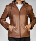 Jenny Women’s Detachable Hood Leather Jacket – Brown Genuine Leather Outerwear