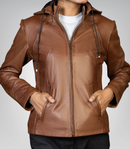 Jenny Women’s Detachable Hood Leather Jacket – Brown Genuine Leather Outerwear