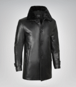 Men’s Classic Black Leather Long Coat – 3/4 Length with Shearling Style Collar - Image 4