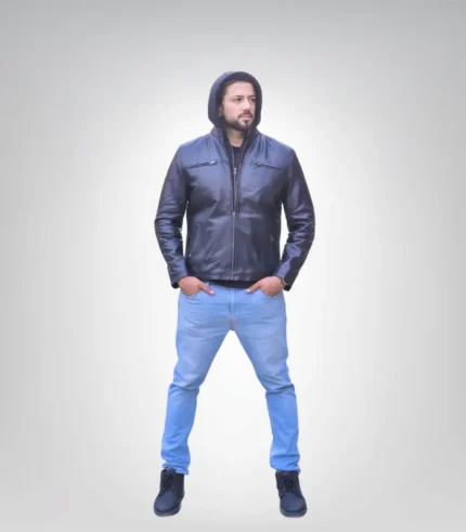 Stylish men’s black hooded leather jacket – genuine leather with detachable hood