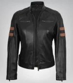 Women’s black leather biker jacket – amber racing stripe design