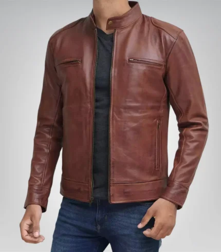Cognac brown leather biker jacket for tall men – genuine leather outerwear