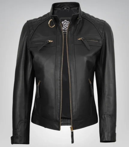 Stylish women’s black leather biker jacket – gold hardware accents, lambskin material