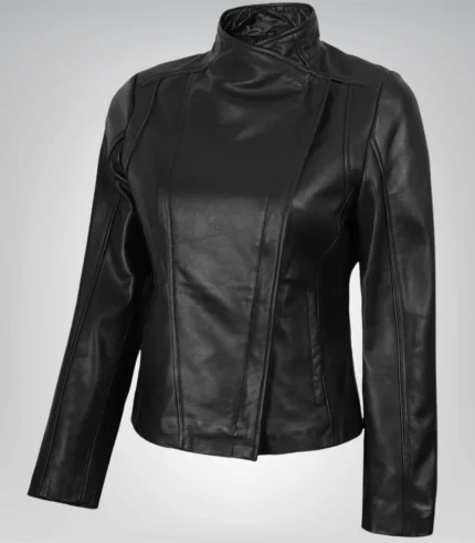 Stylish women’s black leather biker jacket – genuine leather with zip front