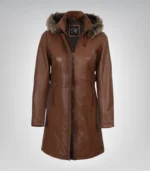 Women’s Brown Leather Coat with Removable Hood and Faux Fur Trim - Image 2